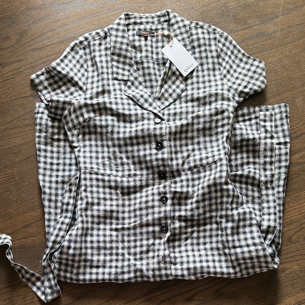 Quince Black and White Check Short-Sleeve Button Dress